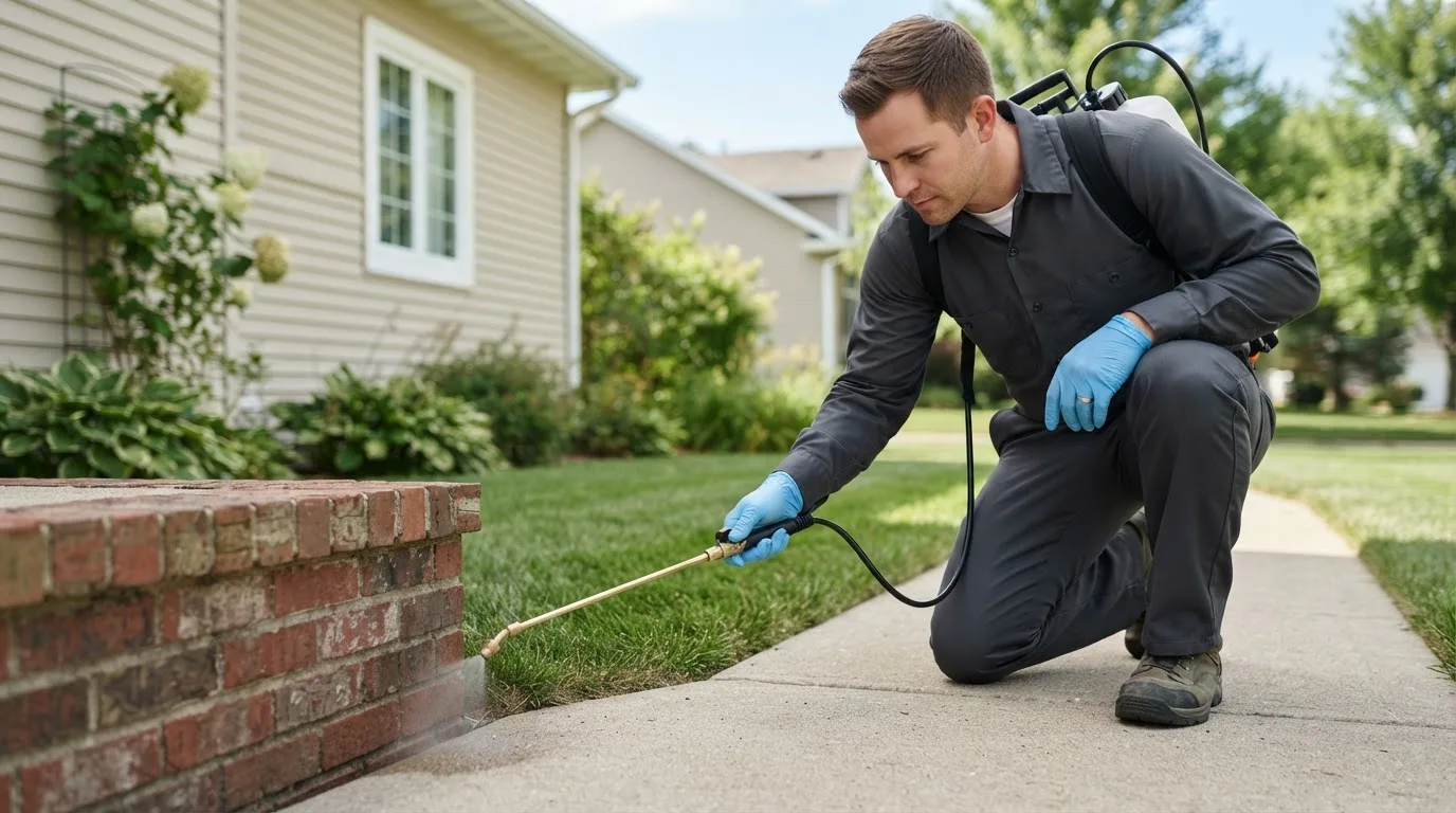 Pest control technician treating a home near Levelland, TX